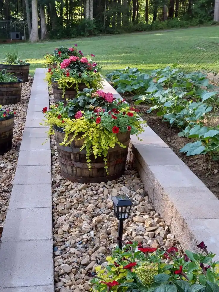 Rustic Barrel Planter Garden Pathway
