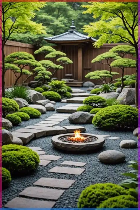 Tranquil Japanese Zen Garden with Fire Pit