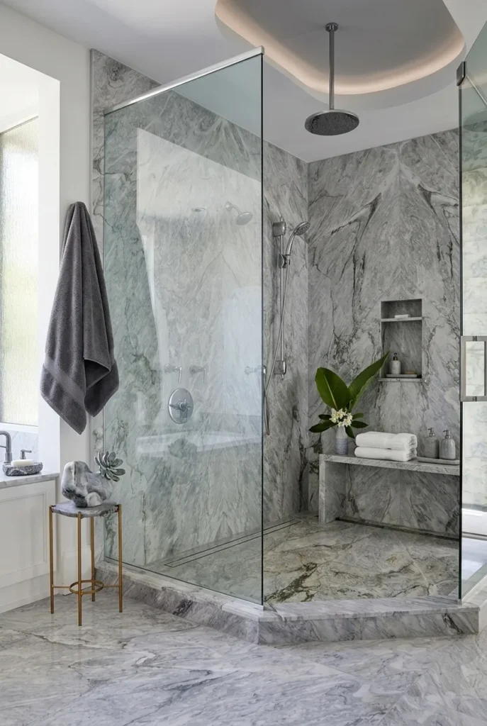 Luxury Gray Marble Walk-In Shower Design