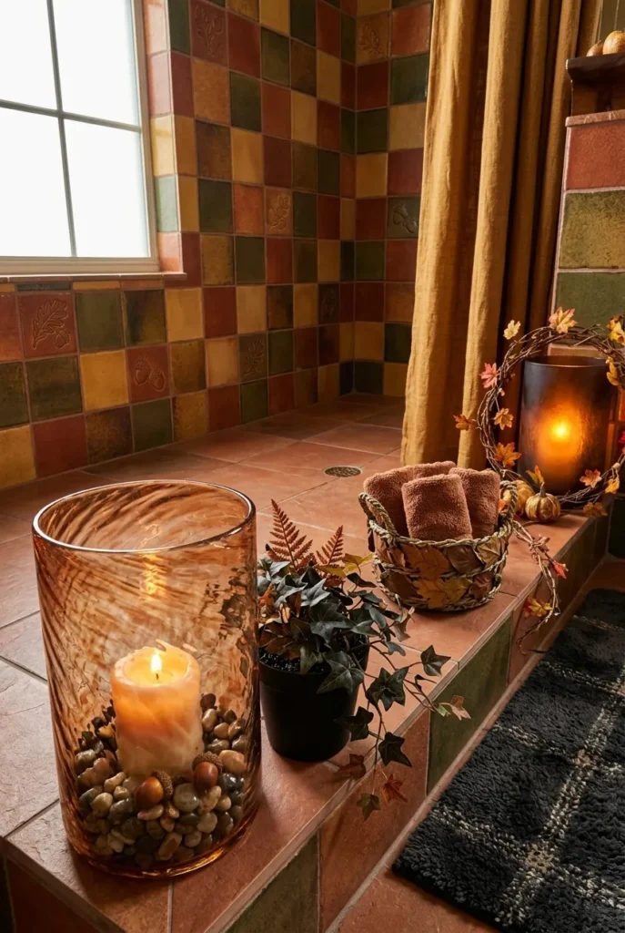 Rustic Autumn Tile Walk-In Shower with Cozy Candle Decor