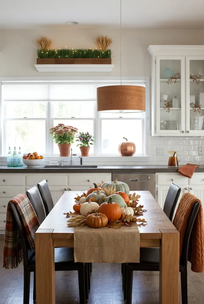 Simple Fall Dining Table Decor with Pumpkins and Burlap Runner